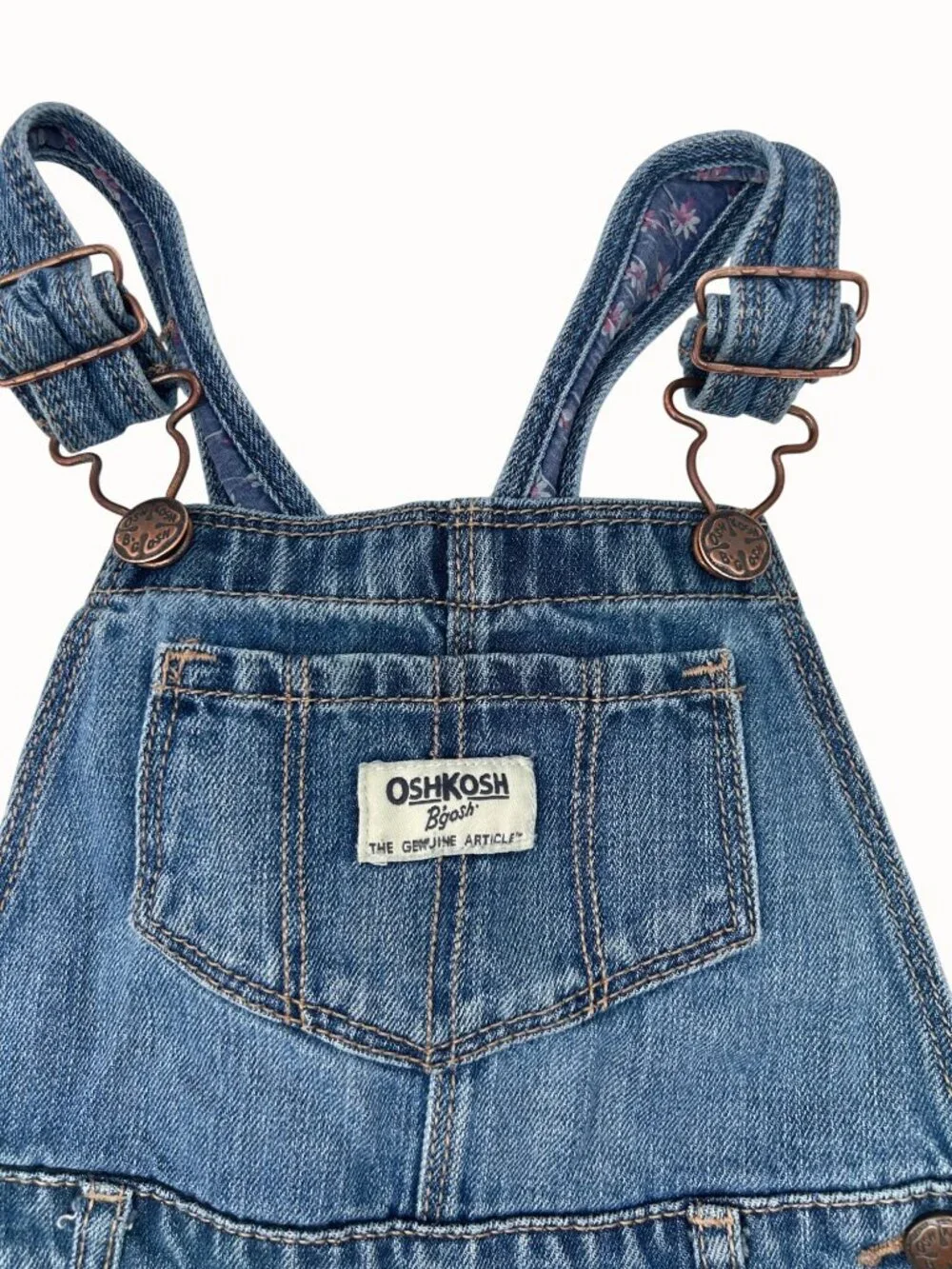 OSHKOSH BGOSH 4T GIRLS DENIM OVERALLS W/ FLORAL CUFF ACCENTS & ADJUSTABLE STRAPS